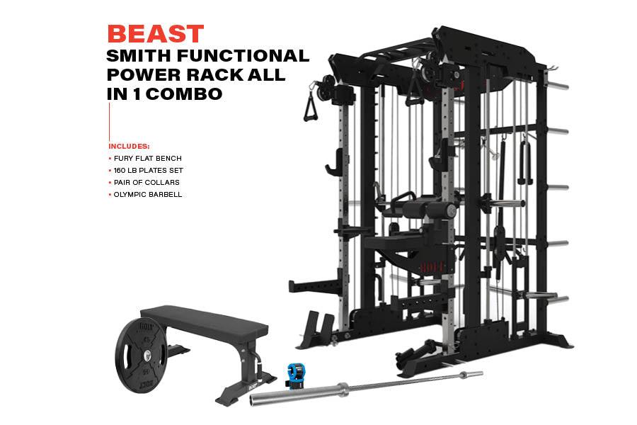 THUNDER SERIES BEAST PLATE LOADED SMITH FUNCTIONAL POWER RACK ALL-IN-ONE COMBO HOME GYM PACKAGE - Bolt Fitness Supply