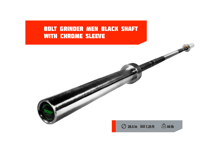 GRINDER: Black Men's Barbell with Chrome Sleeves - Bolt Fitness Supply
