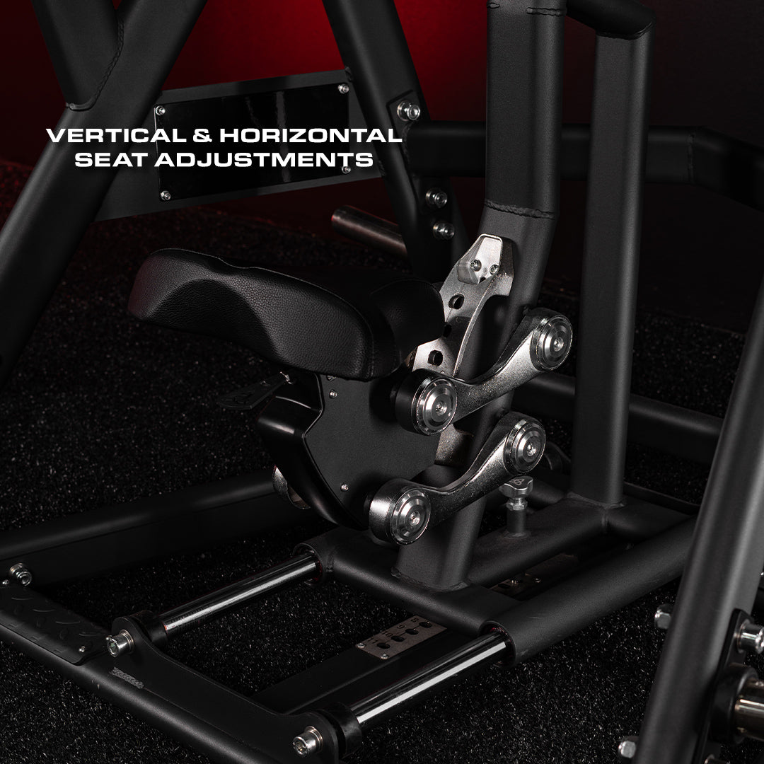 HERO ADJUSTABLE PLATE LOADED DY ROW detail of vertical and horizontal seat adjustments.