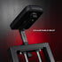 Black adjustable seat on a gym machine with a gradient background