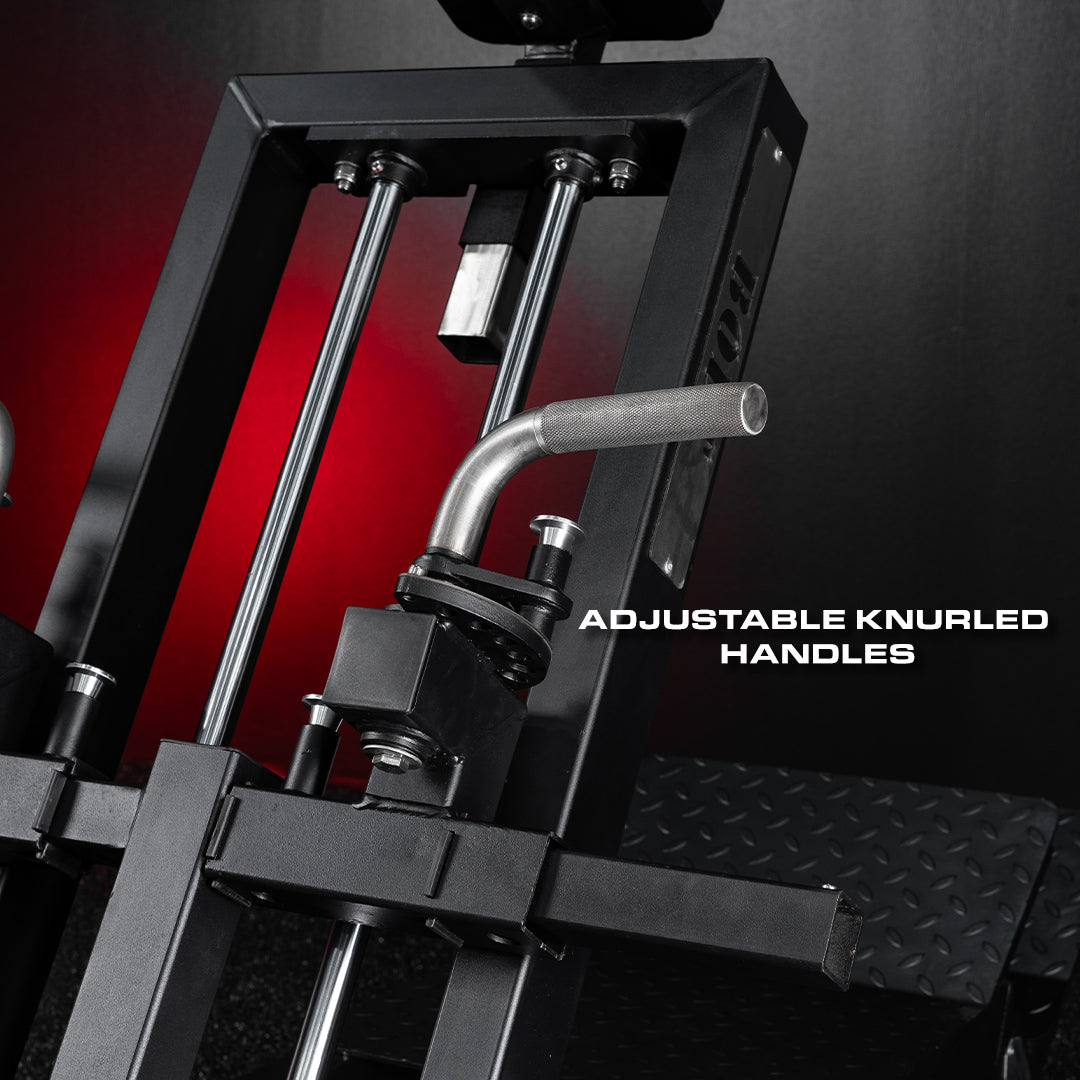 Close-up of a piece of gym equipment with adjustable knurled handles on a dark background.