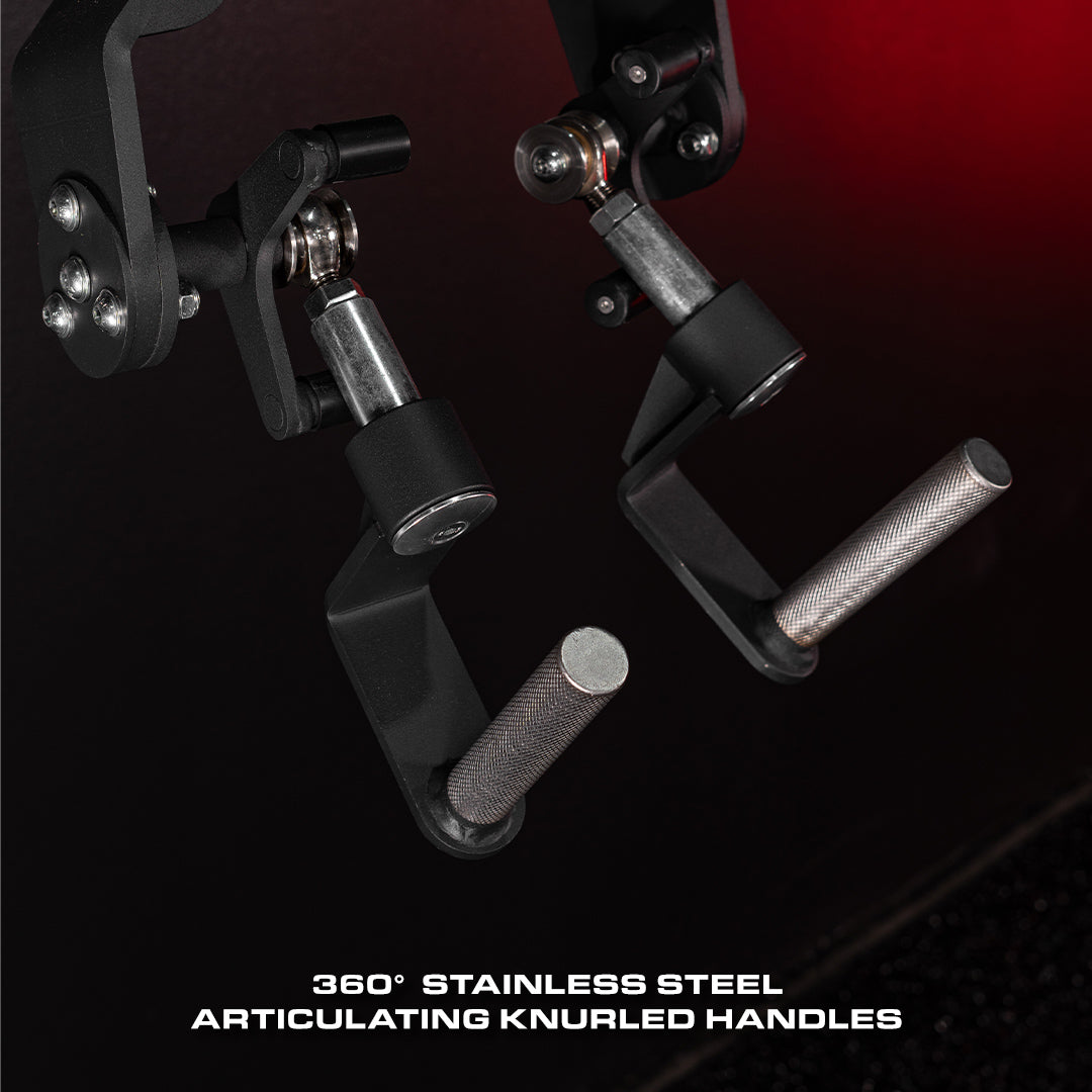 HERO ADJUSTABLE PLATE LOADED DY ROW detail of the 360 degree stainless steel articulating knorled handles.