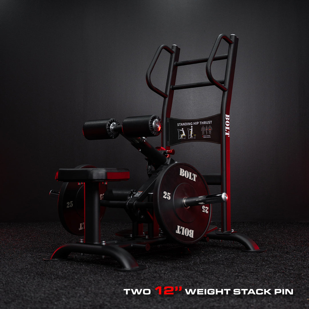 Fortuna Standing hip thrust on a dark background showing 12 inches weight stack pins details.