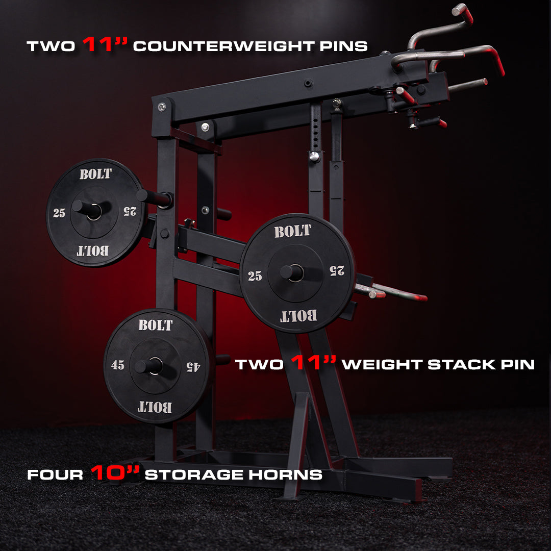 Undertaker Plate Loaded Standing Shoulder Press – showing 2 counterweight pins of 11 inches, 2 - 11 inch weight stack pins and 4 10 inch storage horns