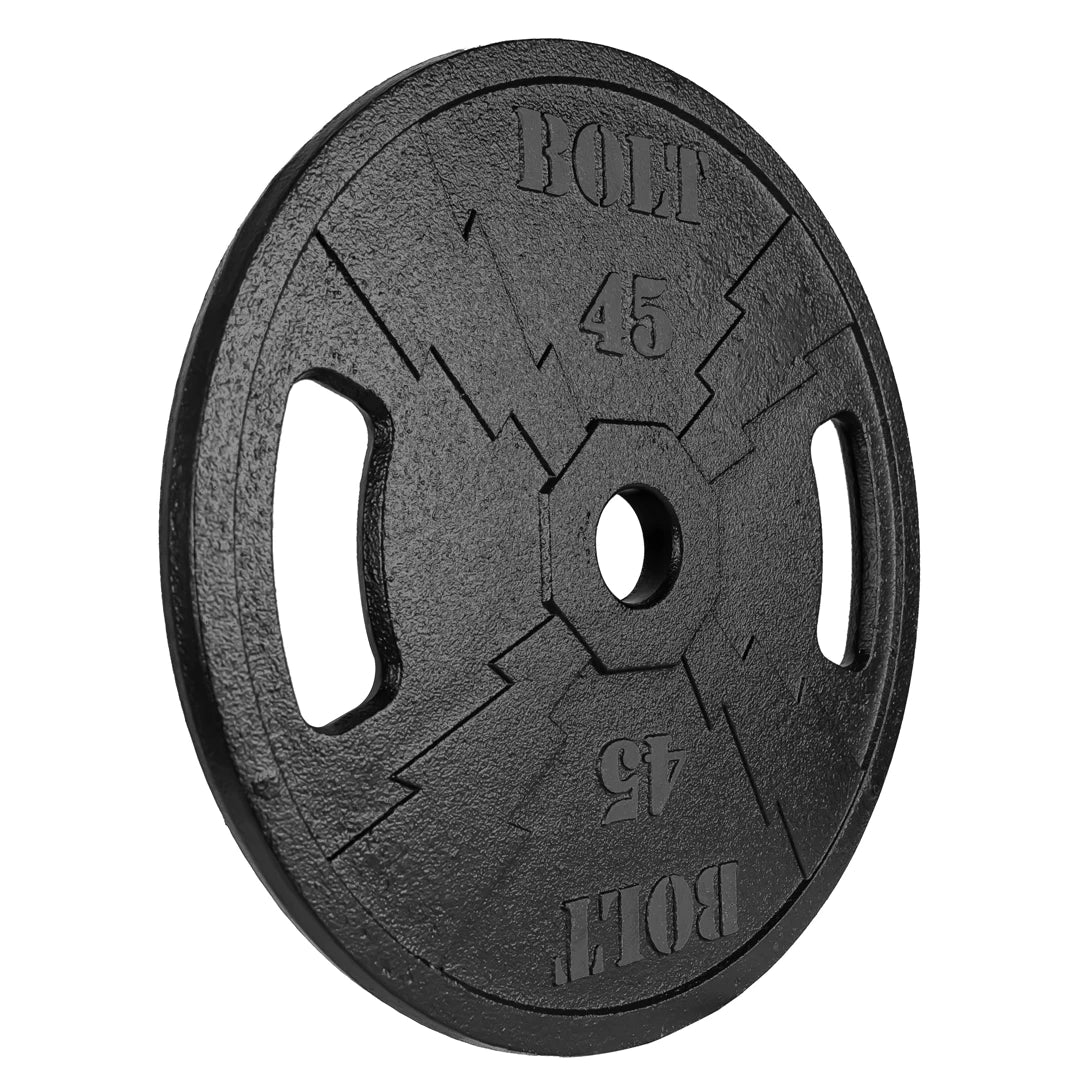 Black weight plate with 'Bolt' branding and '45' marking on a white background